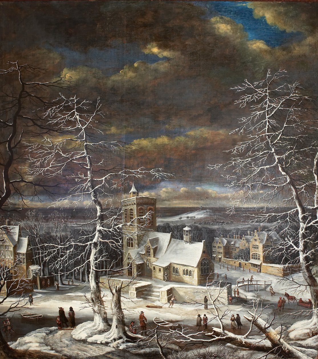 En landsby om vinteren i et vidtstrakt landskab med figurer på isen (olie på lærred) af Gerard van Edema
