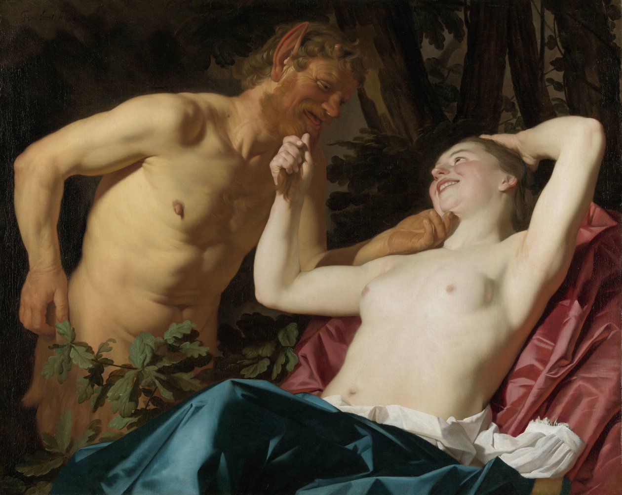 Satyr og nymfe af Gerard van Honthorst (signed by artist)