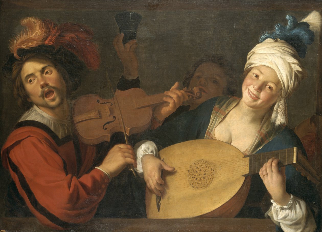 Fransk:  Le Concert Parret spiller musik bag en balustrade af Gerard van Honthorst