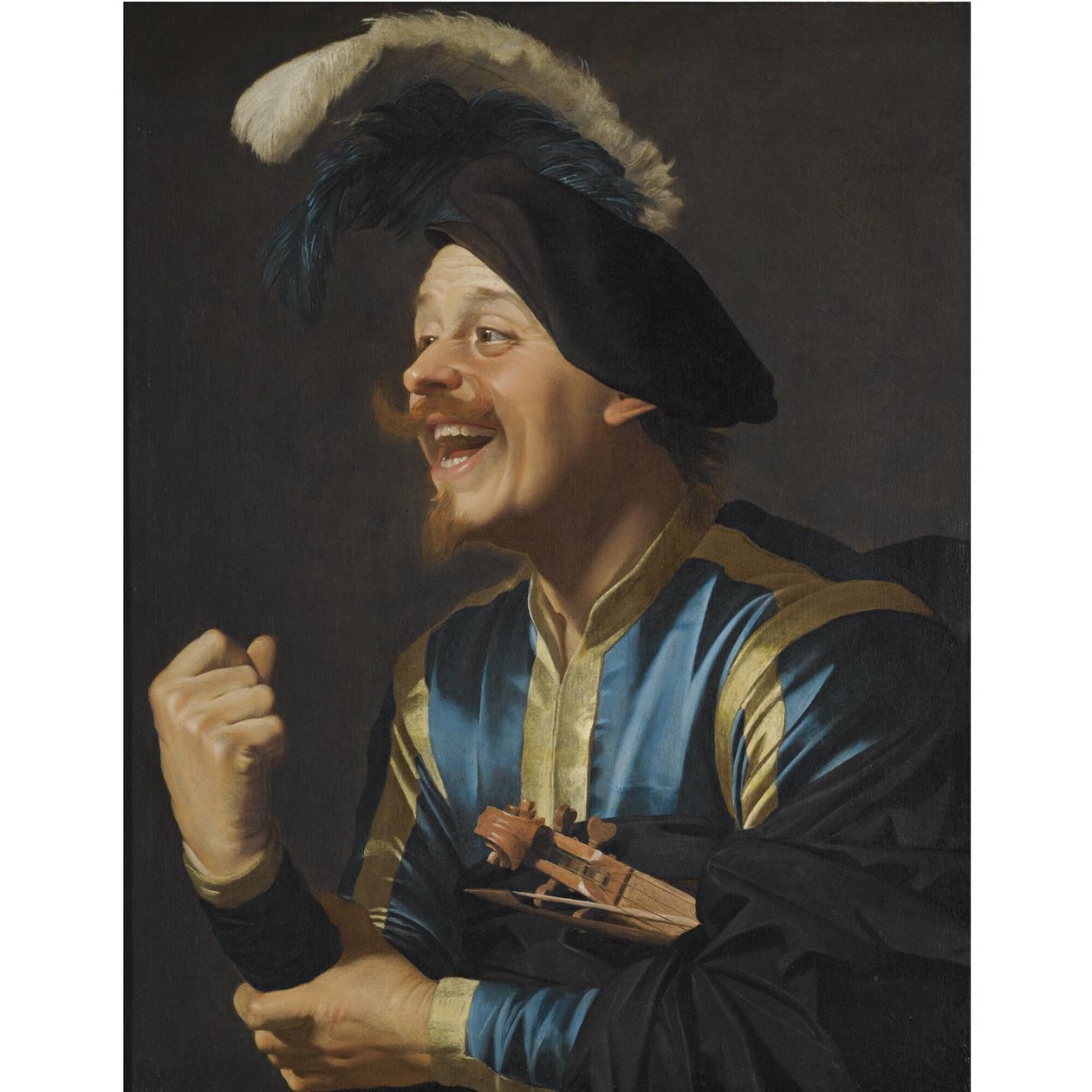 Grinende musiker med en violin under armen af Gerard van Honthorst