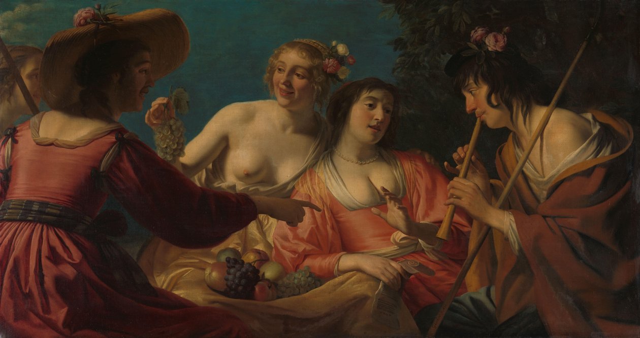 Hyrde, der spiller fløjte, og fire hyrdeinder Hyrde der spiller fløjte og fire nymfer af Gerard van Honthorst