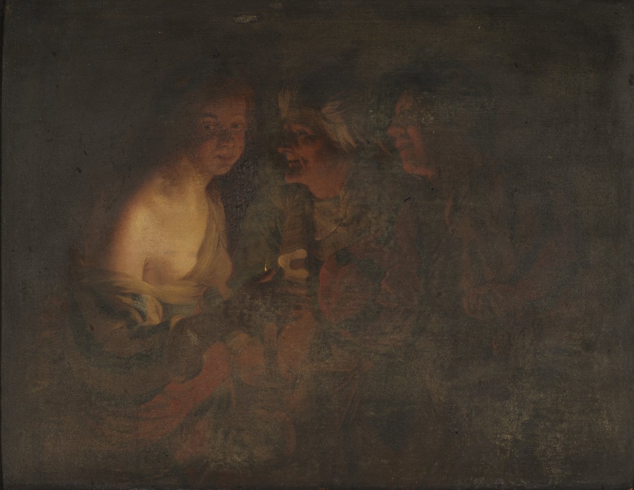 Ung kvinde med lysestage, gammel kvinde og violinspiller af Gerard van Honthorst