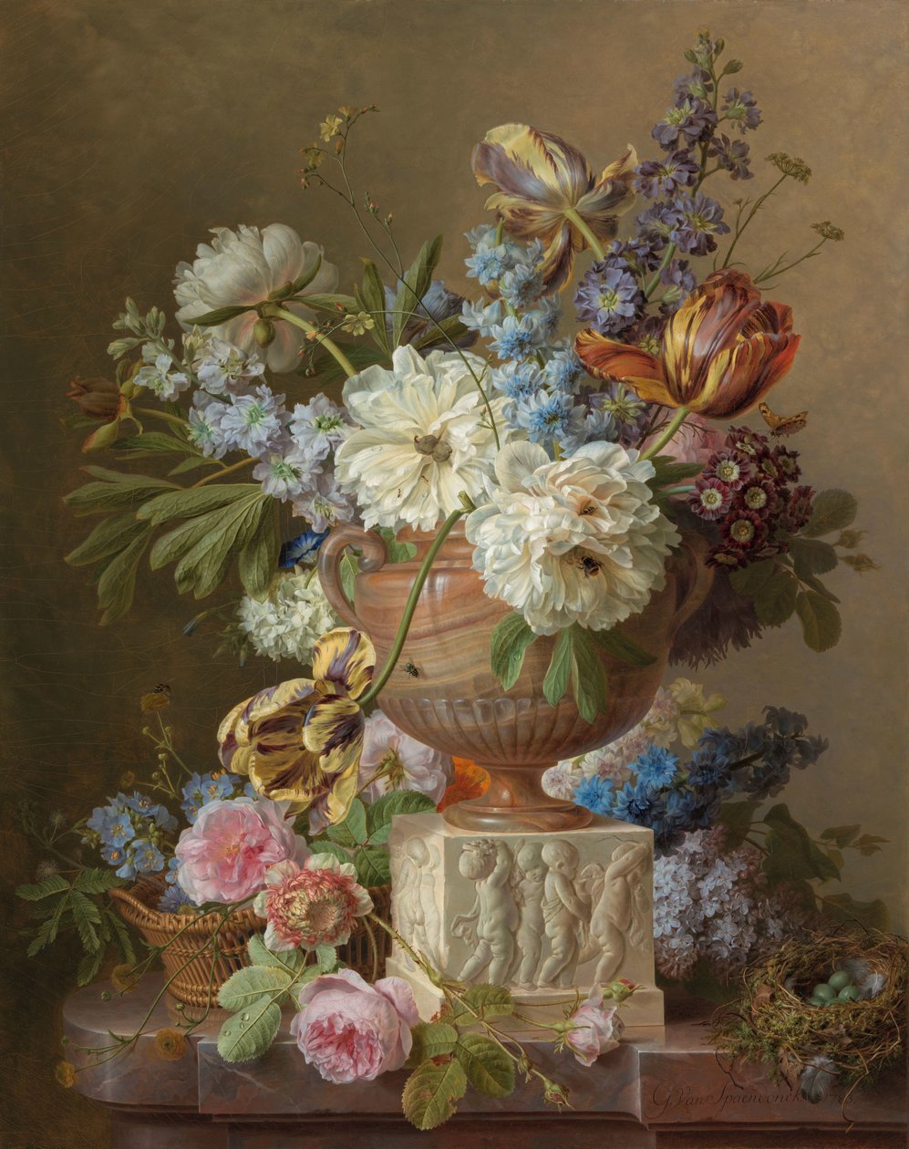 Blomsterstilleben med en alabastvase af Gerard van Spaendonck (signed by artist)