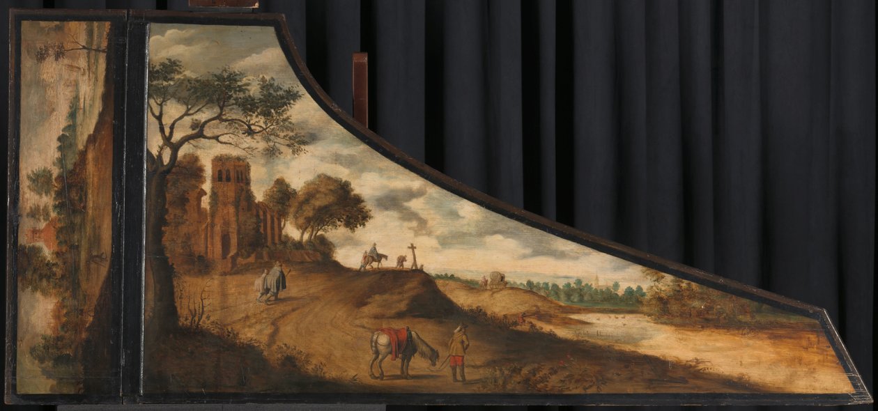 Låg af cembalo Maleri på cembalolåg med et kuperet landskab og rejsende af Gerard van der Horst (copy after)
