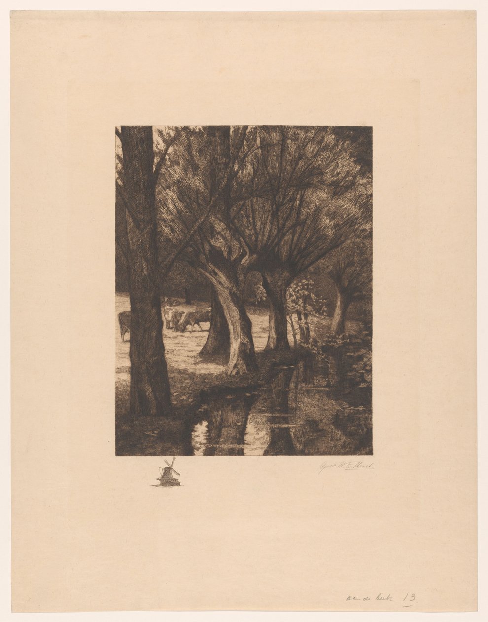 Eng ved vandet Ved strømmen (titel på objekt) af Gerarda Wilhelmina ten Hoet (signed by artist)