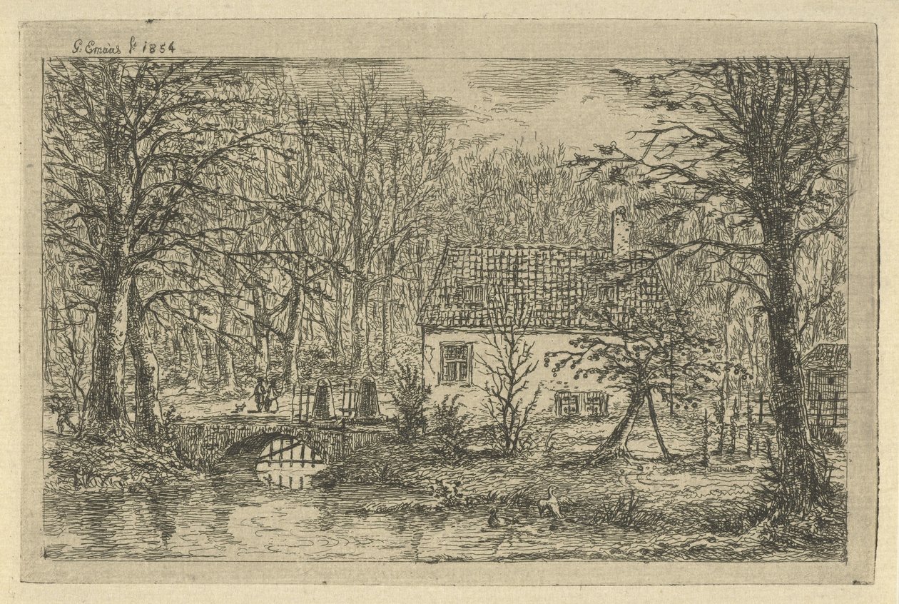 Hus med bro over grøft Jægerens hus i Haagsche Bosch af Gerardus Emaus de Micault