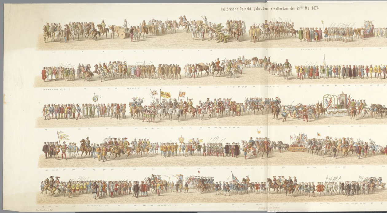 Historisk parade i Rotterdam Historisk procession, afholdt i Rotterdam 21. maj 1874 (titel på objekt) af Gerardus Johannes Bos