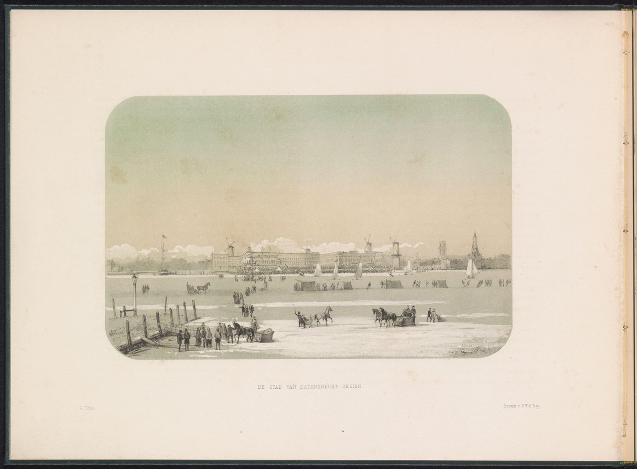 Isunderholdning på Maas i Rotterdam, set fra Katendrecht, 1855 Byen Katendrecht set (titel på objekt) Isunderholdningen på Maas i Rotterdam i februar 1855, med billedtekster (serietitel på objekt) af Gerardus Johannes Bos