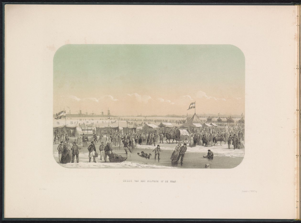 Isunderholdning på Maas i Rotterdam, set fra højborgen, 1855 Udsigt over højborgen på Maas (titel på objekt) Isunderholdningen på Maas i Rotterdam i februar 1855, med billedtekster (serietitel på objekt) af Gerardus Johannes Bos