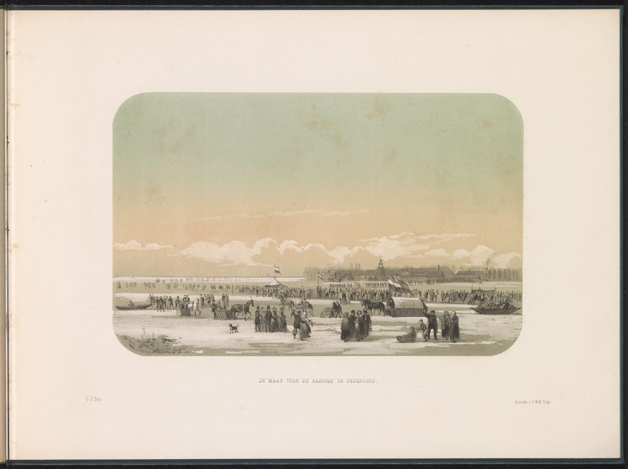Isunderholdning på Maas i Rotterdam, i det fjerne fabrikken i Feijenoord, 1855 Maas foran fabrikken i Feijenoord (titel på objekt) Isunderholdningen på Maas i Rotterdam i februar 1855, med billedtekster (serietitel på objekt) af Gerardus Johannes Bos