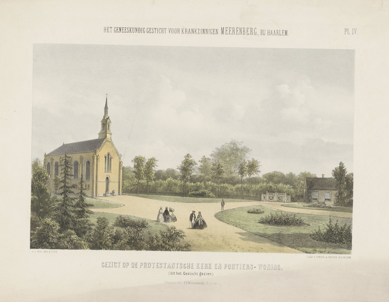 Kirke og portnerhus bag Meerenberg Udsigt over den protestantiske kirke og portnerens hus (titel på objektet) Lægeasylet for sindssyge Meerenberg nær Haarlem (serietitel på objekt) af Gerardus Johannes Bos