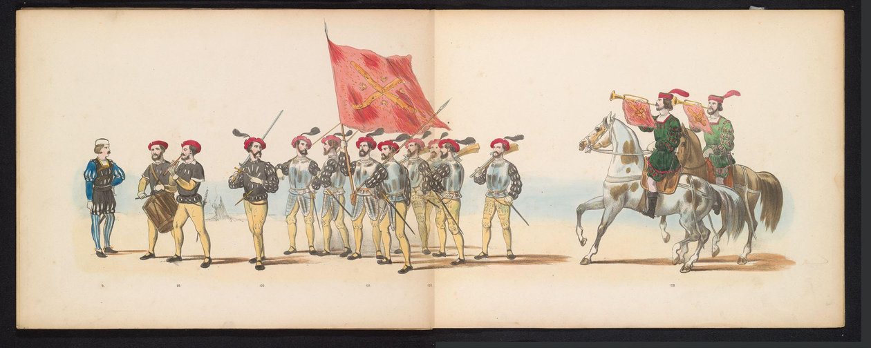 Masquerade of the Leiden Students, 1855 (plade 12) Udklædt procession afholdt af medlemmerne af Leidens studentkorps den 12. juni 1855 til fejring af 280-året for Leidsche Hoogeschool, der viser Charles V