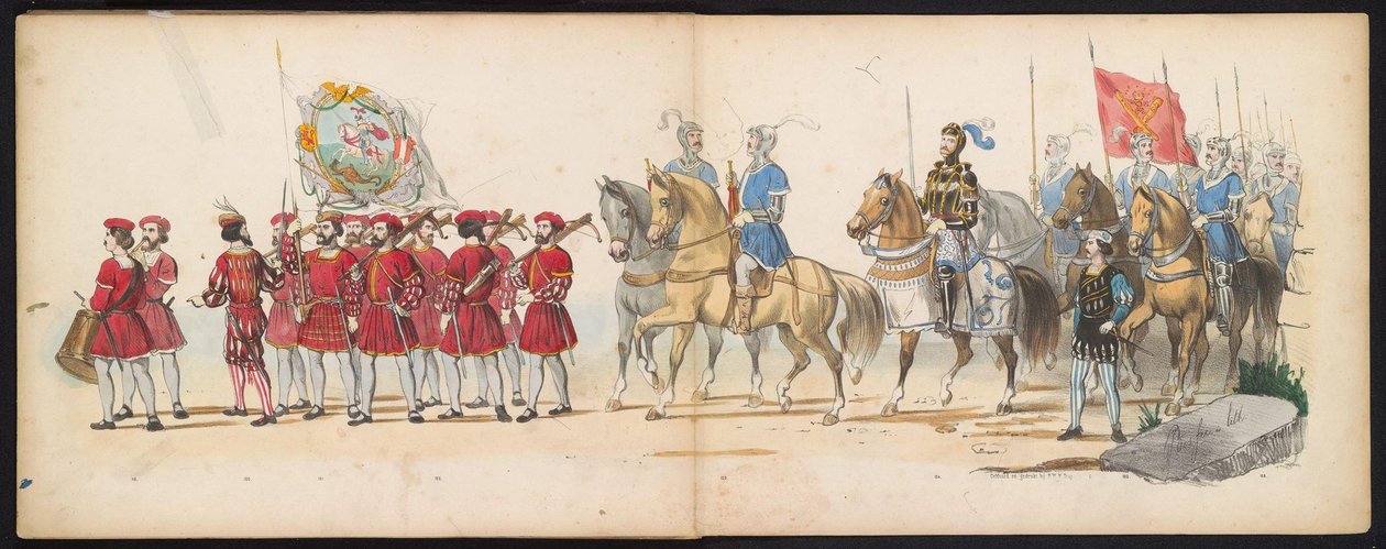 Masquerade of the Leiden Students, 1855 (plade 14) Udklædt procession afholdt af medlemmerne af Leidens studentkorps den 12. juni 1855 til fejring af 280-året for Leidsche Hoogeschool, der viser Charles V