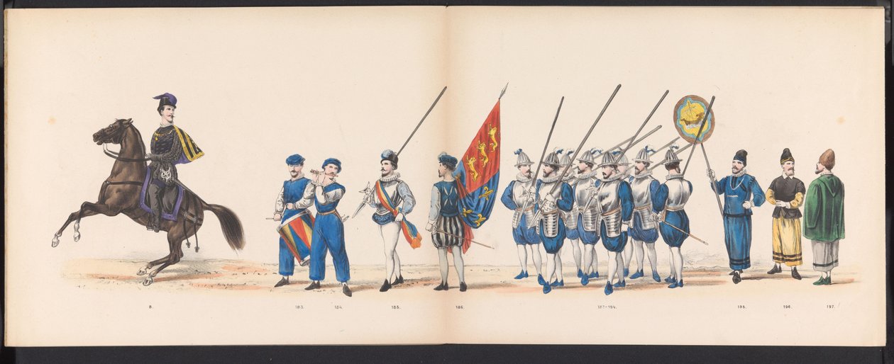 Masquerade of the Leiden Students, 1870 (plade 16) Udklædt procession afholdt af medlemmerne af Leidens studentkorps den 7. juni 1870 til fejring af 295-året for Leidsche Hoogeschool, der skildrer et besøg i Leiden i af Gerardus Johannes Bos