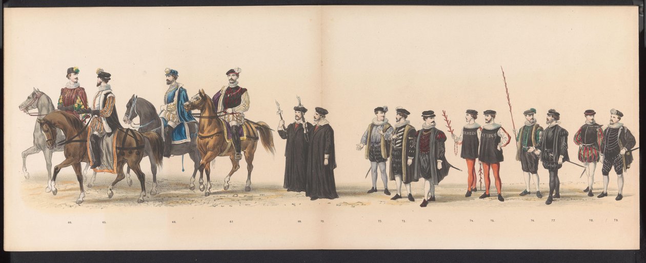 Masquerade of the Leiden Students, 1870 (plade 6) Udklædt procession afholdt af medlemmerne af Leidens studentkorps den 7. juni 1870 til fejring af 295-året for Leidsche Hoogeschool, der skildrer et besøg i Leiden i af Gerardus Johannes Bos
