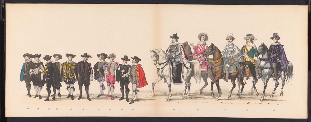 Maskerade af Leiden -studerende, 1875 (plade 13) Maskerade afholdt af medlemmerne af Leidsche Student Corps den 15. juni 1875 i fejringen af ​​Leidsche Hoogeschools 300 -års fødselsdag, der repræsenterer Leidsche Hoogeschool, afbildet i af Gerardus Johannes Bos