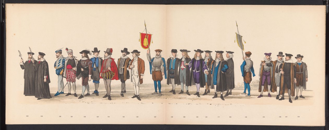Masquerade of the Leiden Students, 1875 (plade 8) Maskerade afholdt af medlemmerne af Leidens studentkorps den 15. juni 1875 til fejring af 300-året for Leidsche Hoogeschool, forestillende Leidsche Hoogeschool, afbildet i af Gerardus Johannes Bos