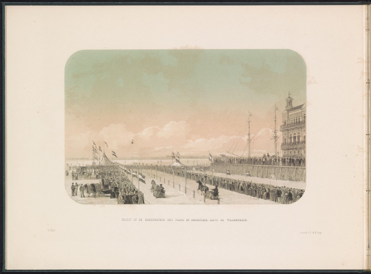 Race for hestevogne på Maas i Rotterdam, 1855 Udsigt over selevæddeløbet med heste- og gøglerslæde langs Willemskade (titel på objektet) Isunderholdningen på Maas i Rotterdam i februar 1855, med billedtekster (serietitel på objekt) af Gerardus Johannes Bos