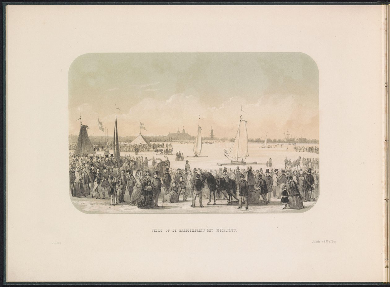 Konkurrence om issejlbåde på Maas i Rotterdam, 1855 Udsigt over hardsailing-festen med isbåde (titel på objekt) Isunderholdningen på Maas i Rotterdam i februar 1855, med billedtekster (serietitel på objekt) af Gerardus Johannes Bos