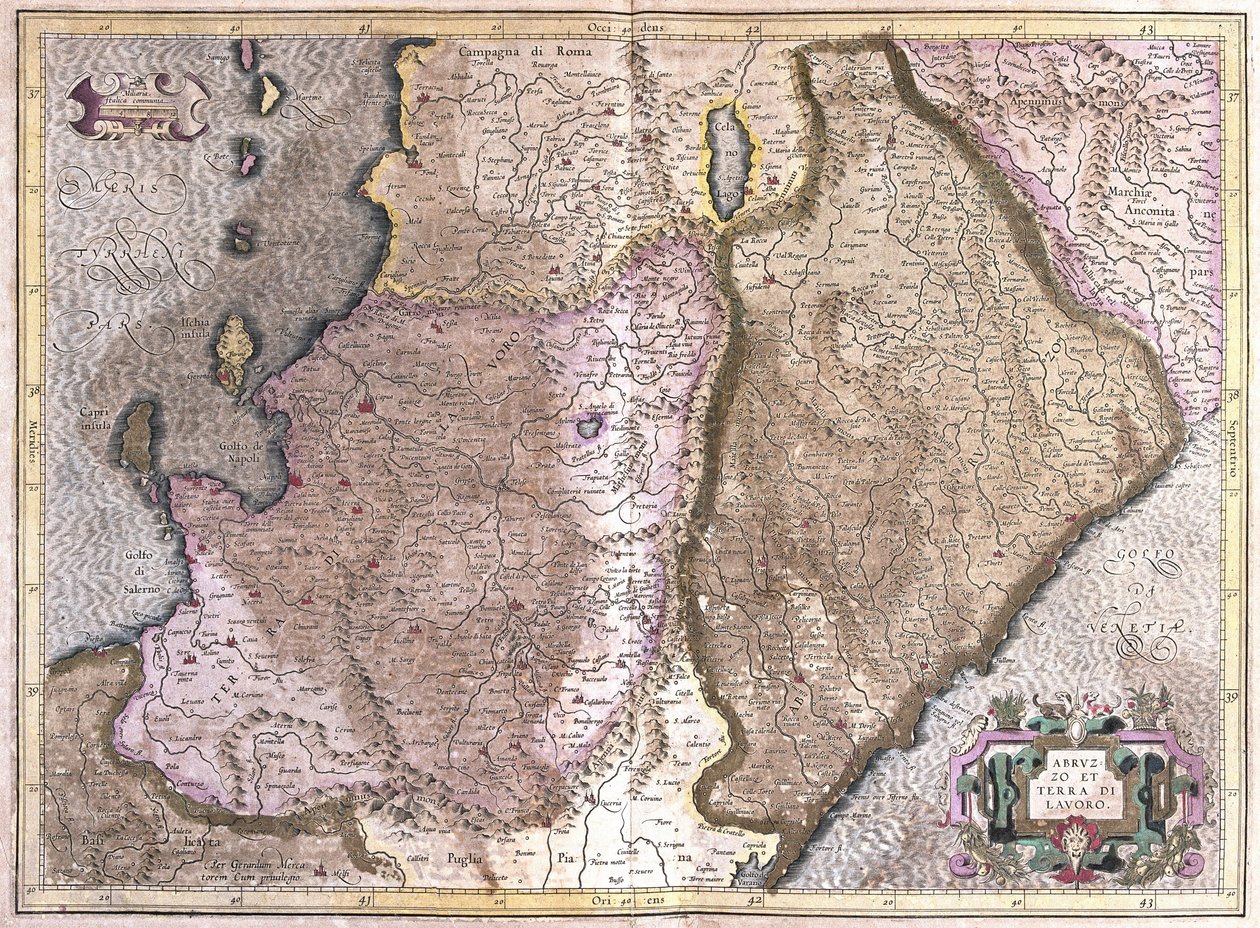 Abruzzo og Campania, Italien (gravering af Gerardus Mercator