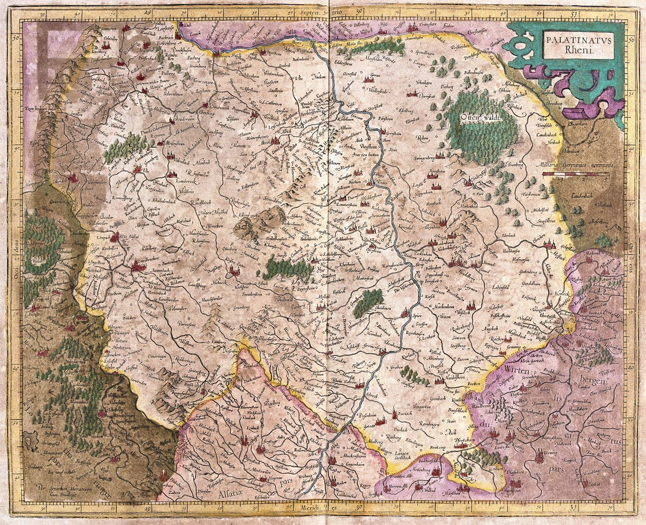 Bayerske region og floden Donau, Tyskland (gravering af Gerardus Mercator