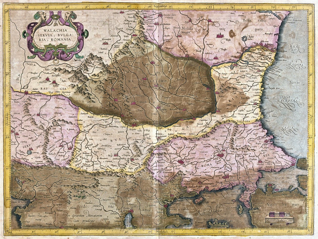 Bulgarien og Rumænien (gravering af Gerardus Mercator