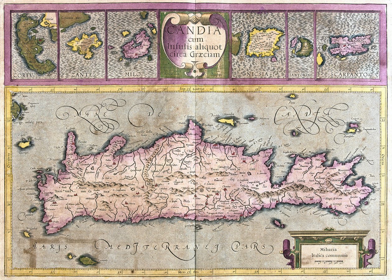 Cypern og Grækenlandsøerne (Corfu, Zante, Milo, Santorini, Karpathos) (gravering af Gerardus Mercator