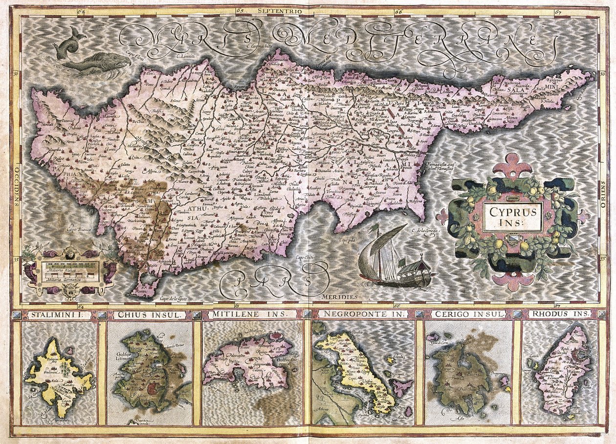 Cypern og øerne Stalimini (Lemnos) Chios, Mytilene, Negroponte, Cerigo og Rhodos (gravering af Gerardus Mercator