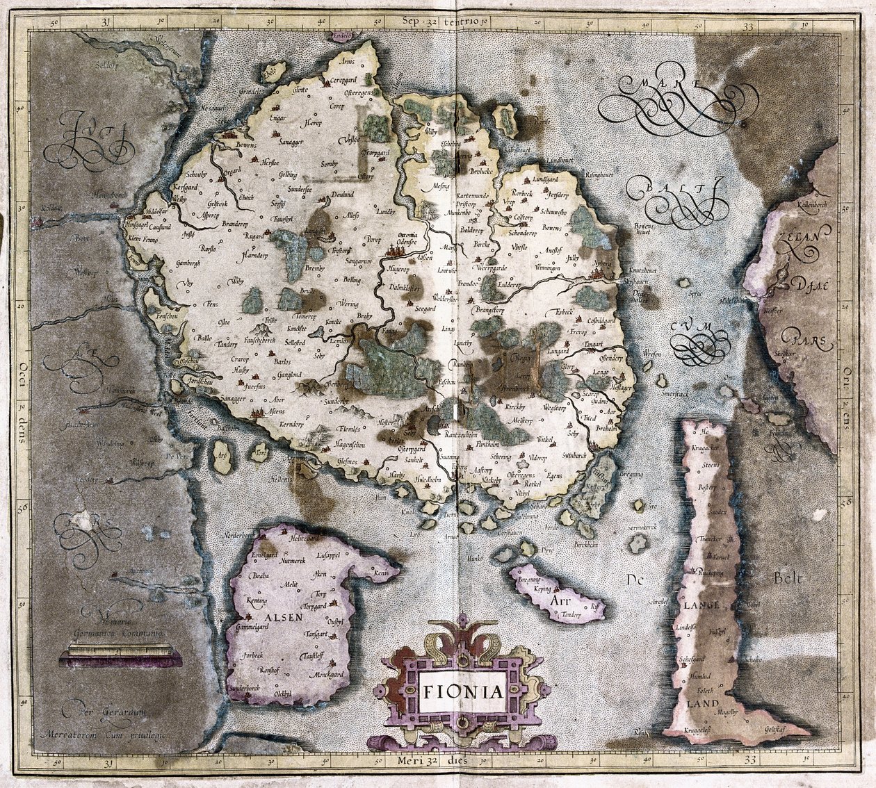 Danmark (Øen Langeland med Odense) (stik af Gerardus Mercator