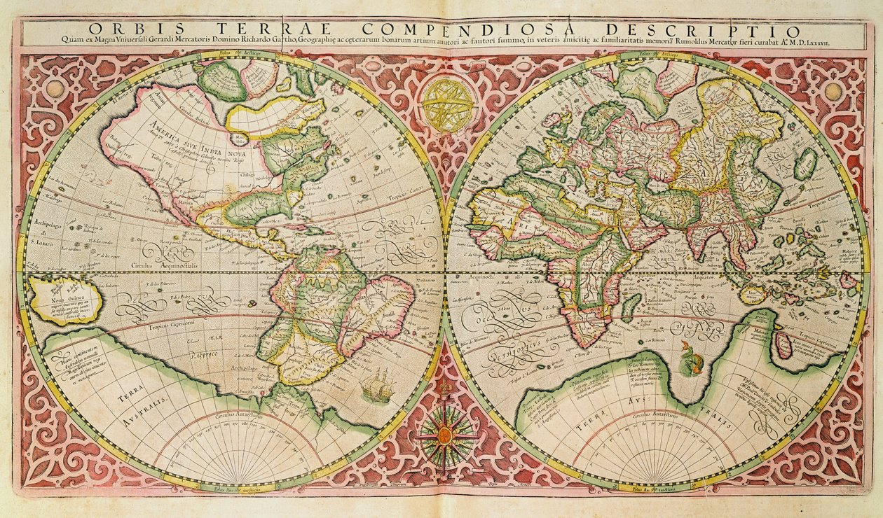Dobbelt halvkugle verdenskort, 1587 af Gerardus Mercator