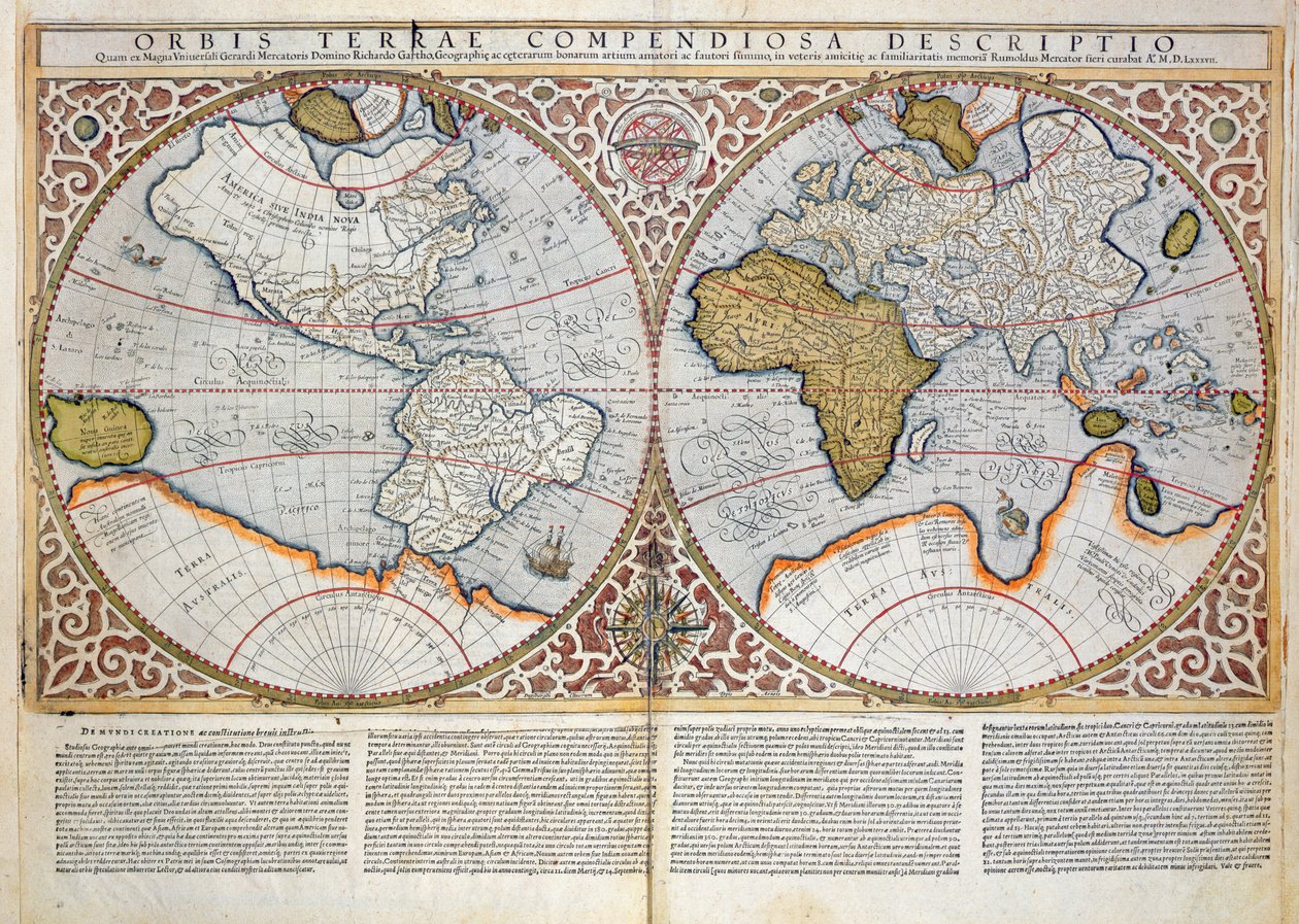 Dobbelt halvkugle verdenskort, 1587 af Gerardus Mercator