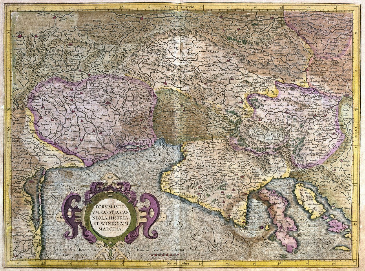 Friuli, Italien - Slovenien (Istrien) med Trieste-bugten og Balkan (gravering) af Gerardus Mercator