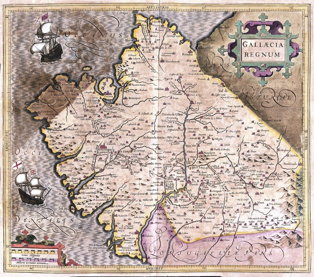 Galicien, Santiago de Compostela, Monforte de Lemos, nordvestlige Spanien (gravering af Gerardus Mercator