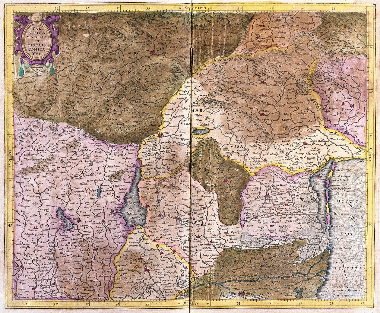 Venedigbugten til Tirol, centreret om Lago di Garda og Verona, Italien (gravering af Gerardus Mercator