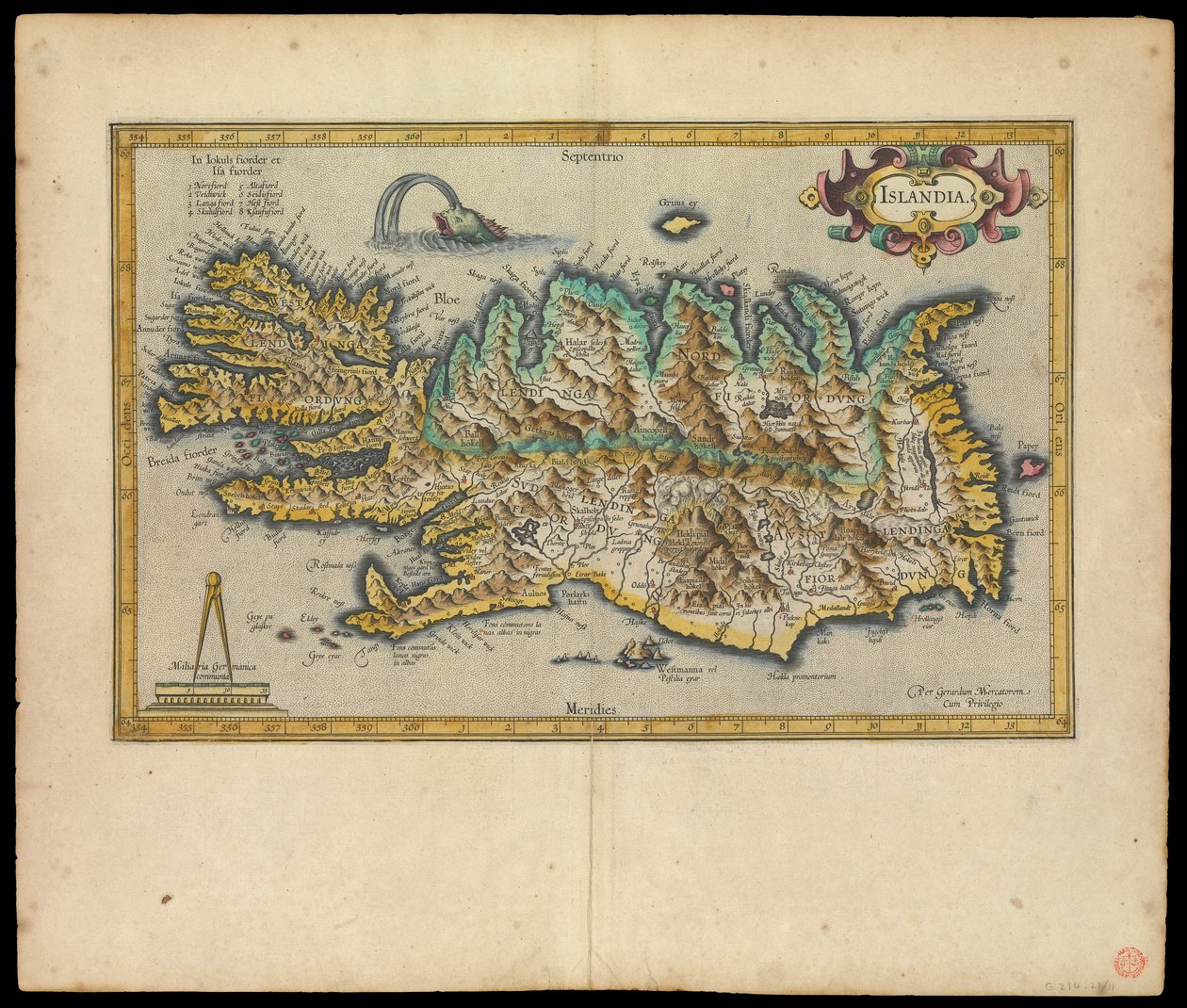 Islandia, Per Gerardum Mercatorem cum privilegio, ca. 1595 (blæk, akvarel, kobberstik, papir) af Gerardus Mercator