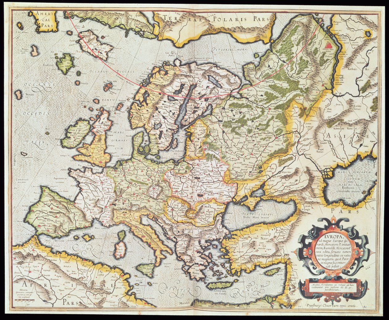 Kort over Europa, ca. 1554 (håndfarvet gravering) af Gerardus Mercator