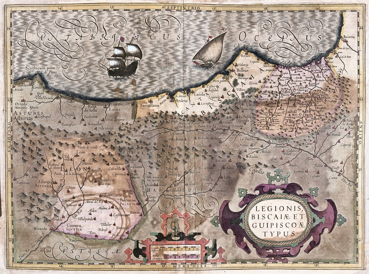Oviedo, Burgos, Bilbao, Bayonne (Asturien), Spanien (gravering af Gerardus Mercator