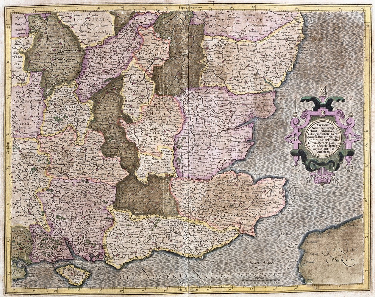 Sydøstlige region af England inklusive den britiske kanal og London (gravering af Gerardus Mercator