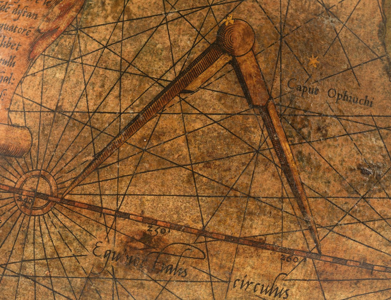 Terrestrisk globus, detalje af Stillehavet med et stort par skillevægge af Gerardus Mercator