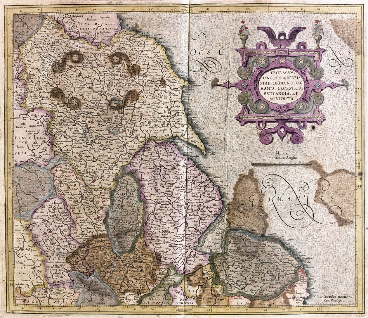 Yorkshire, Lincolnshire, Staffordshire, Nottinghamshire, Leicestershire, Rutland og Norfolf, Storbritannien af Gerardus Mercator