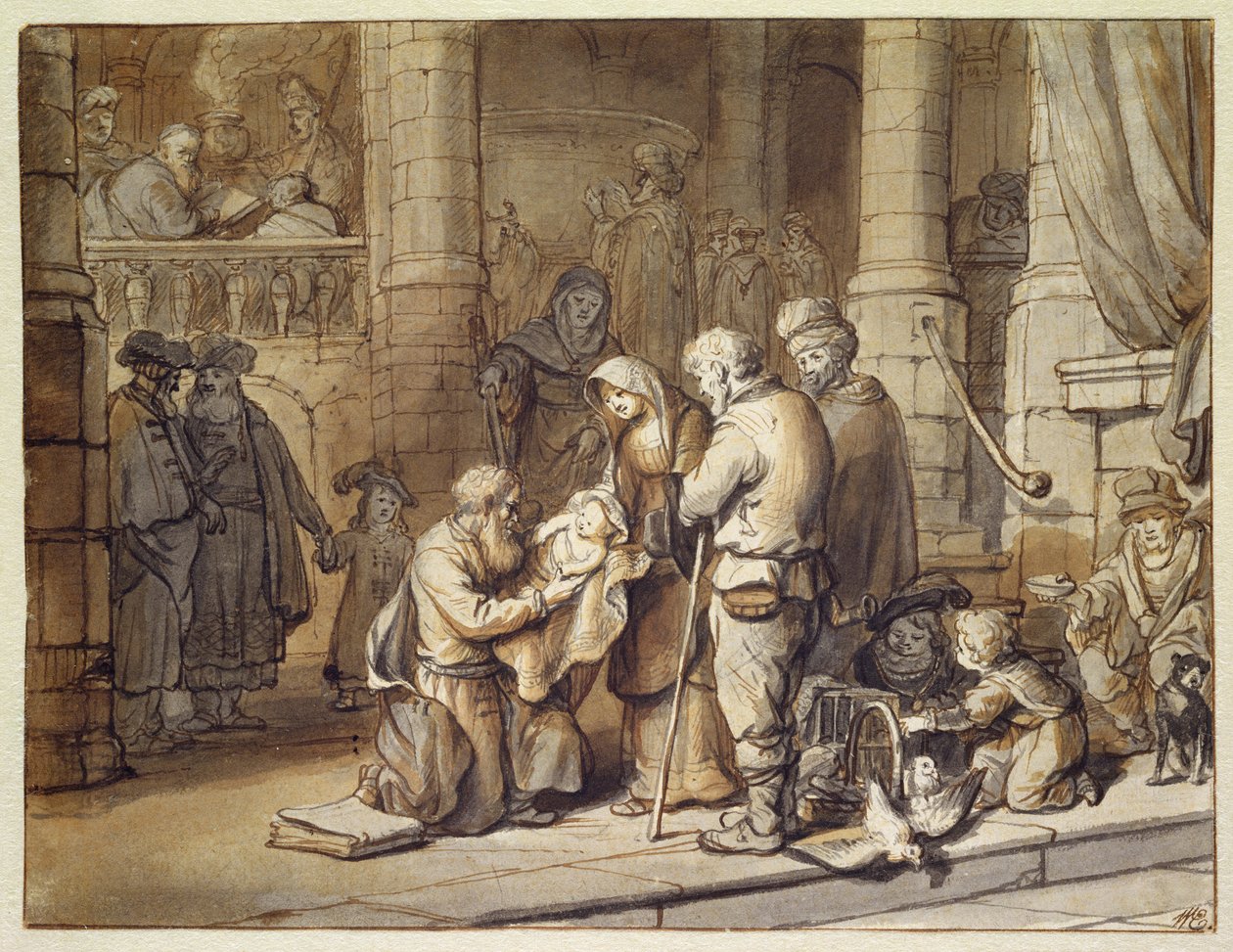 Præsentationen af Kristus i templet (pen og blæk og pensel på papir) af Gerbrand van den Eeckhout