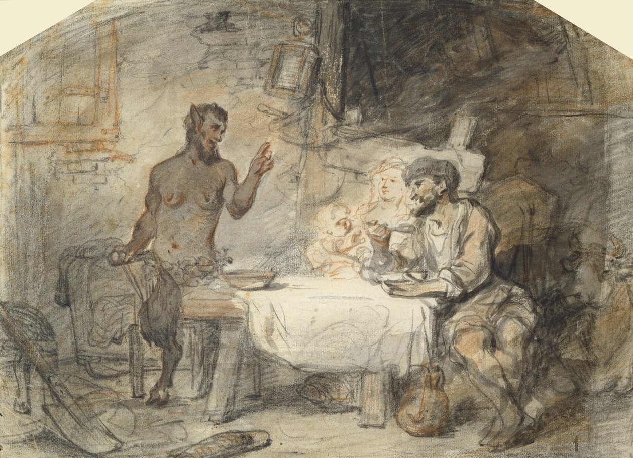 Satyren og bonden (pen og pensel på papir) af Gerbrand van den Eeckhout