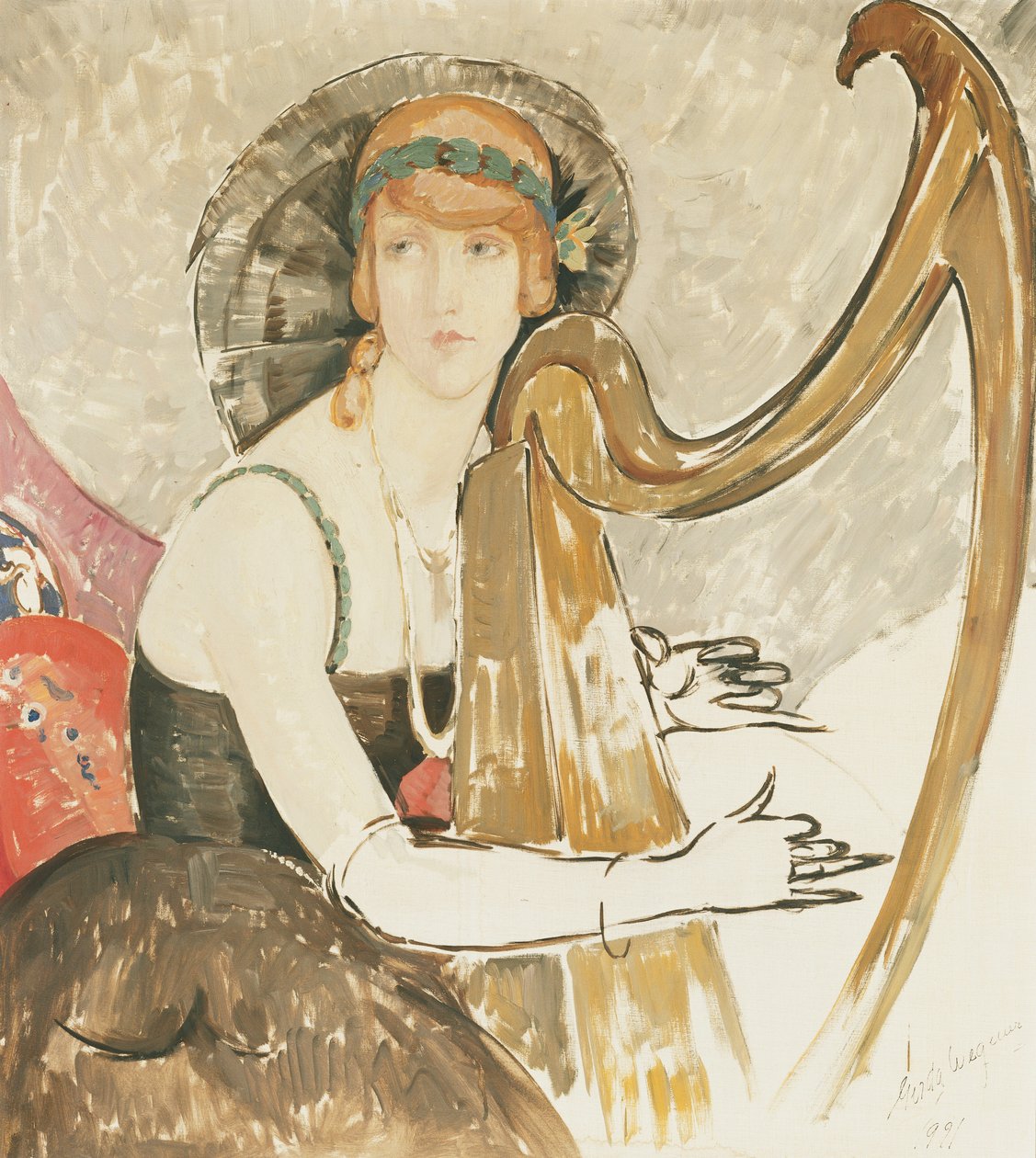 En dame, der spiller på en harpe af Gerda Marie Frederike Wegener
