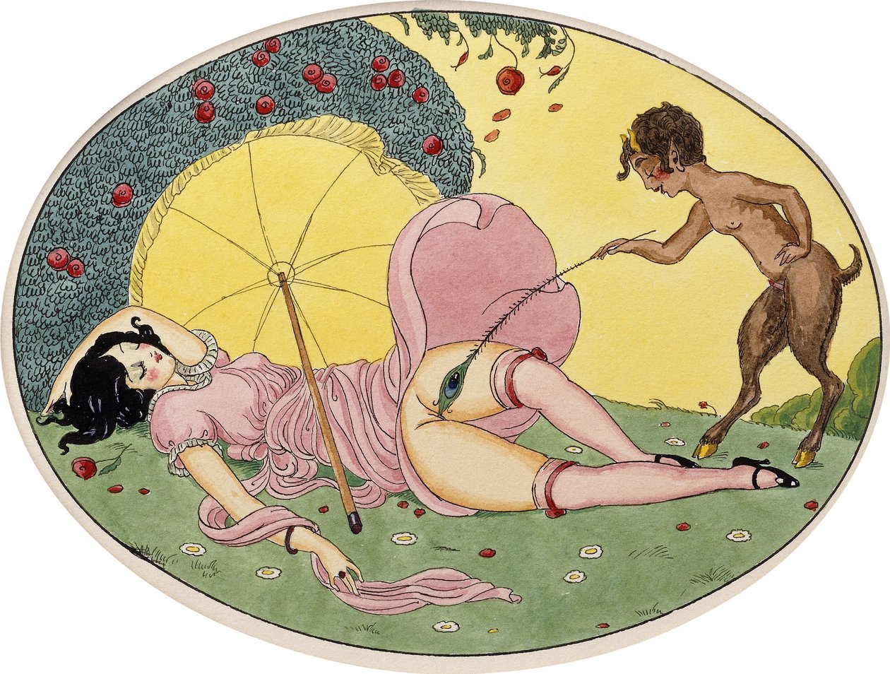 A Satyr and a Young Girl, ca. 1917 (sort blæk og akvarel på et ovalt kort, indrammet) af Gerda Marie Frederike Wegener