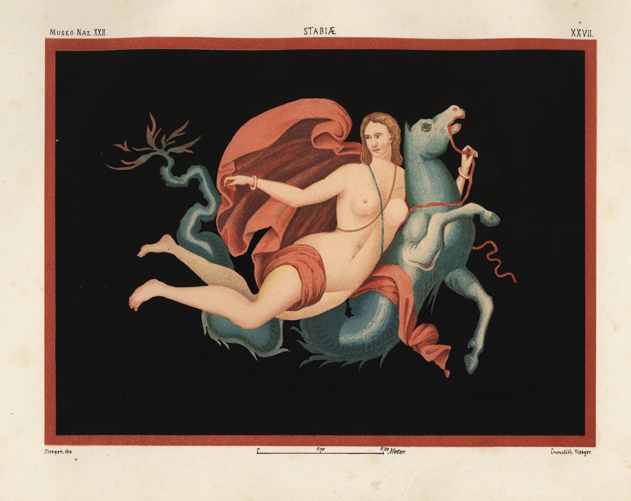 En Nereid (havnymfe) i kappe og armbånd, der rider på et havmonster eller hippocampus, halv hest og halv fisk. Museo Naz. XXII, Stabiae. Tegnet og kromolitograferet af Victor Steeger fra Emile Presuhn (1844-1878) Pompejis smukkeste malerier, af Geremia Discanno