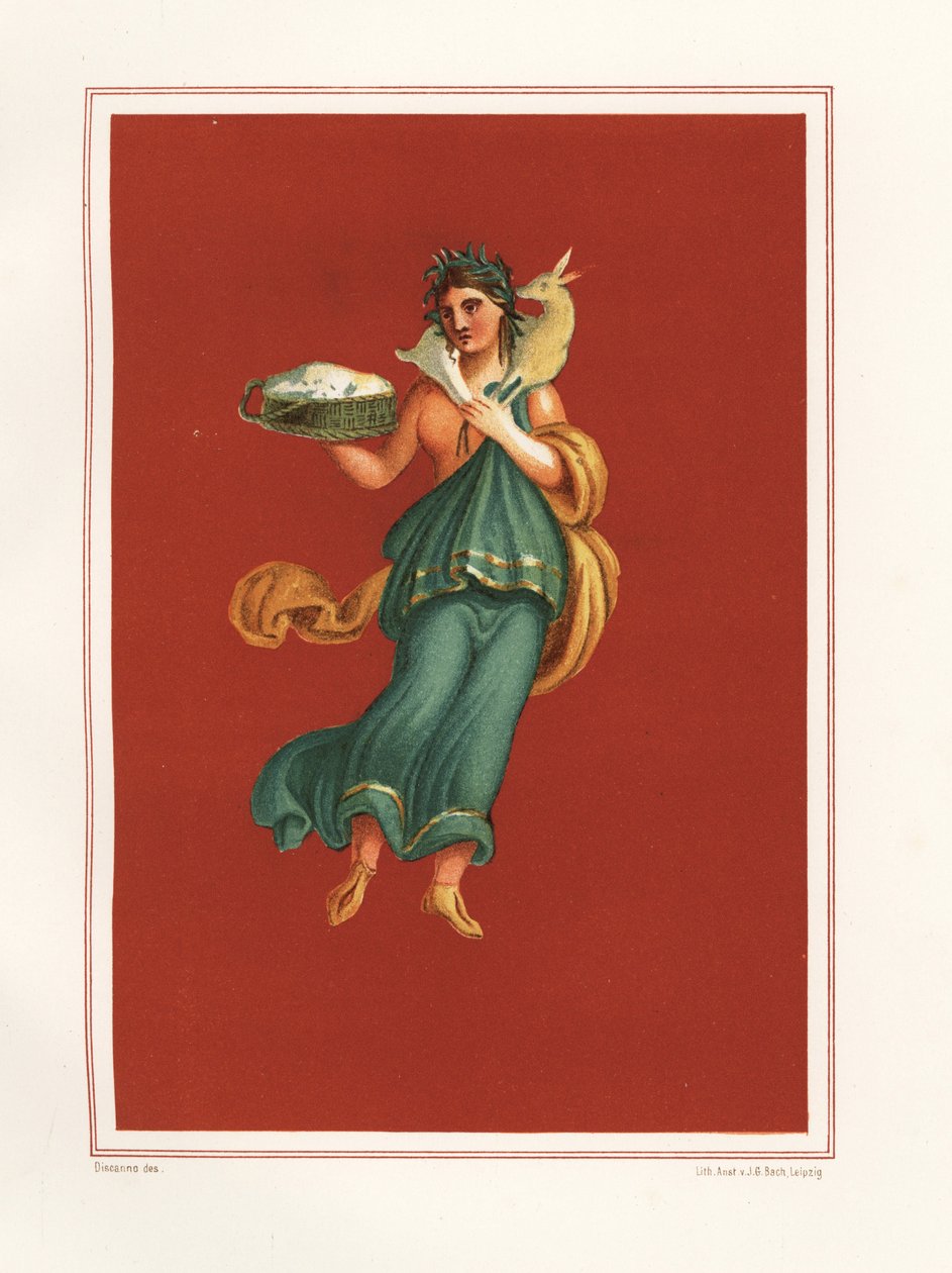 Allegorisk vægmaleri af foråret fra vestsiden af atriumet i Regio IX.V.11. Hun holder en ostekurv og bærer et lam over skuldrene. Kromolitografi af J.G. Bach efter en illustration af Geremia Discanno fra Emile Presuhn (1844-1878) af Geremia Discanno