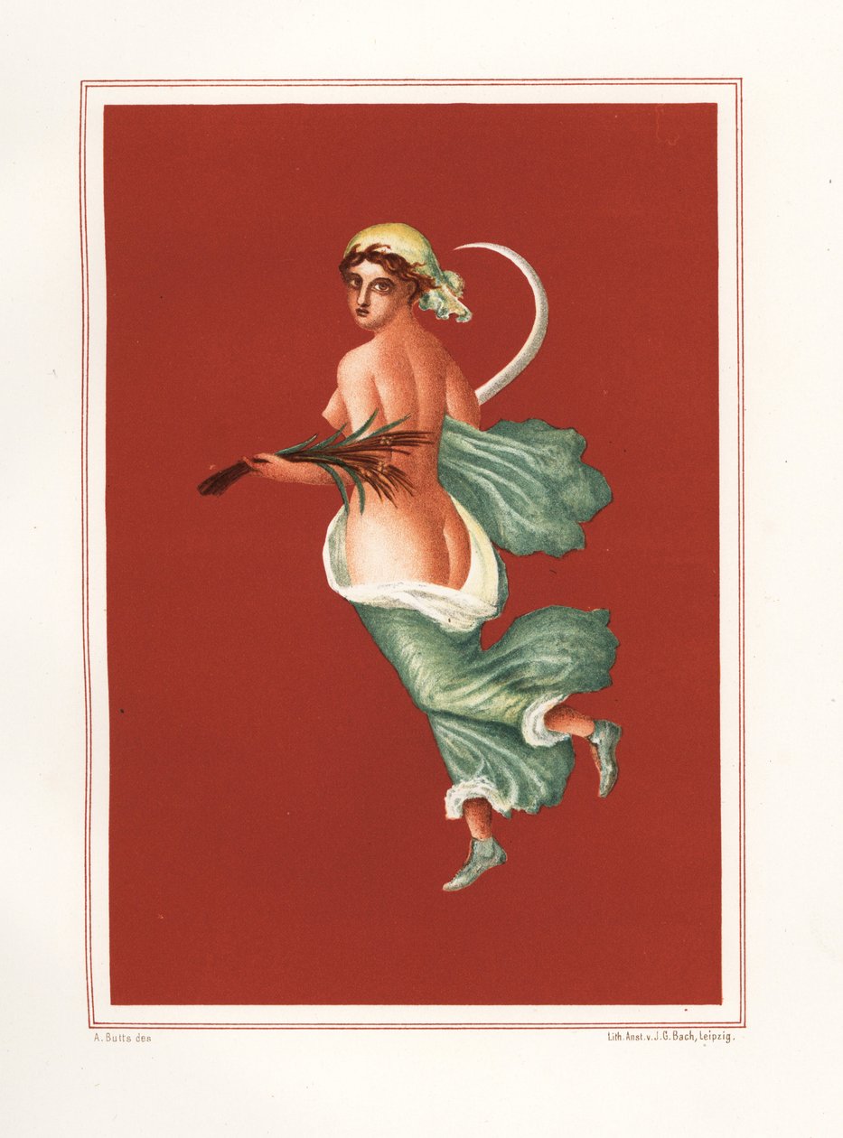 Allegorisk vægmaleri af sommeren fra øst for atriumet i Regio IX.V.11. Hun bærer en segl og hvede. Kromolitografi af Victor Steeger efter en illustration af Geremia Discanno fra Emile Presuhn (1844-1878) De smukkeste malerier af Po af Geremia Discanno