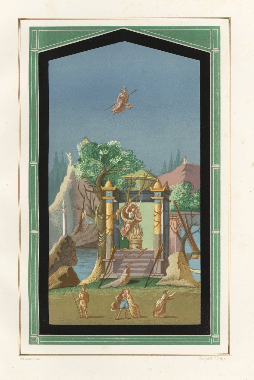 Landskabsmaleri fra Exedra i huset til Vesonius Primus, en fyldigere. Kromolitografi af Victor Steeger efter en illustration af Geremia Discanno fra Emile Presuhn (1844-1878) De smukkeste malerier af Pompeji, Leipzig af Geremia Discanno