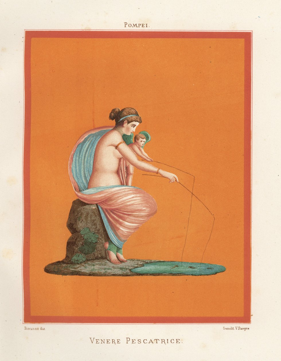 Vægmaleri af Venus og Amor, der fisker med stænger fra en dam. Fundet i Regio V.V.3, Gladiatorernes Hus. Kromolitografi af Victor Steeger efter en illustration af Geremia Discanno fra Emile Presuhn (1844-1878) De smukkeste malerier af Pompeji, af Geremia Discanno