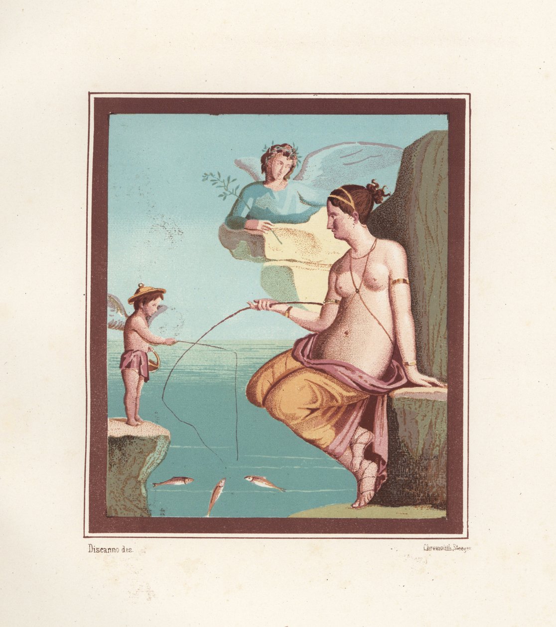 Vægmaleri af Venus og Amor, der fisker med stænger fra havet. Fundet i Regio VI.XIV.28, Taberna Lusoria. Kromolitografi af Victor Steeger efter en illustration af Geremia Discanno fra Emile Presuhn (1844-1878) De smukkeste malerier af Pompeji, Lei af Geremia Discanno